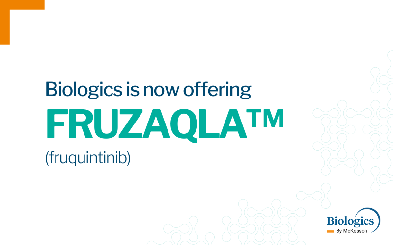 Image with text: "Biologics is now offering FRUZAQLATM (fruquintinib)"